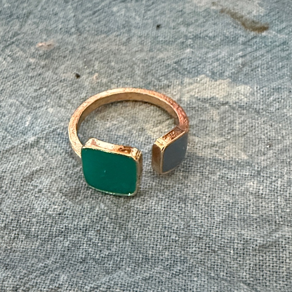 Gold-Tone Open Ring with Green and Gray Enamel Accents